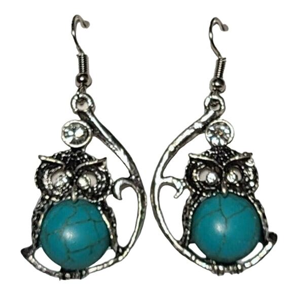 Silver Turquoise Stone Owl Dangle Drop Fashion Earrings - Picture 1 of 2
